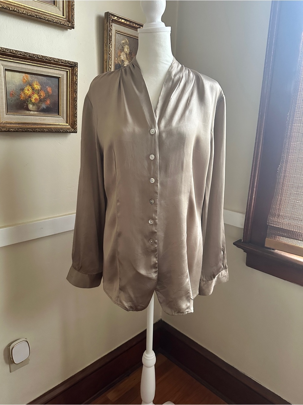 Vintage 100% Silk Taupe Button-Down Blouse M